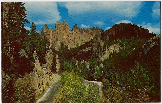 Hairpin Turn - Foot Of Cathedral Of Spires. Black Hills, South Dakota. Postcard.