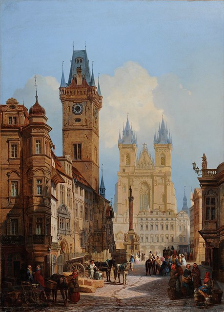Auguste Matthieu (1810-1864) - Vue de la Grande Place de Prague et de l'ancien Hôtel de Ville