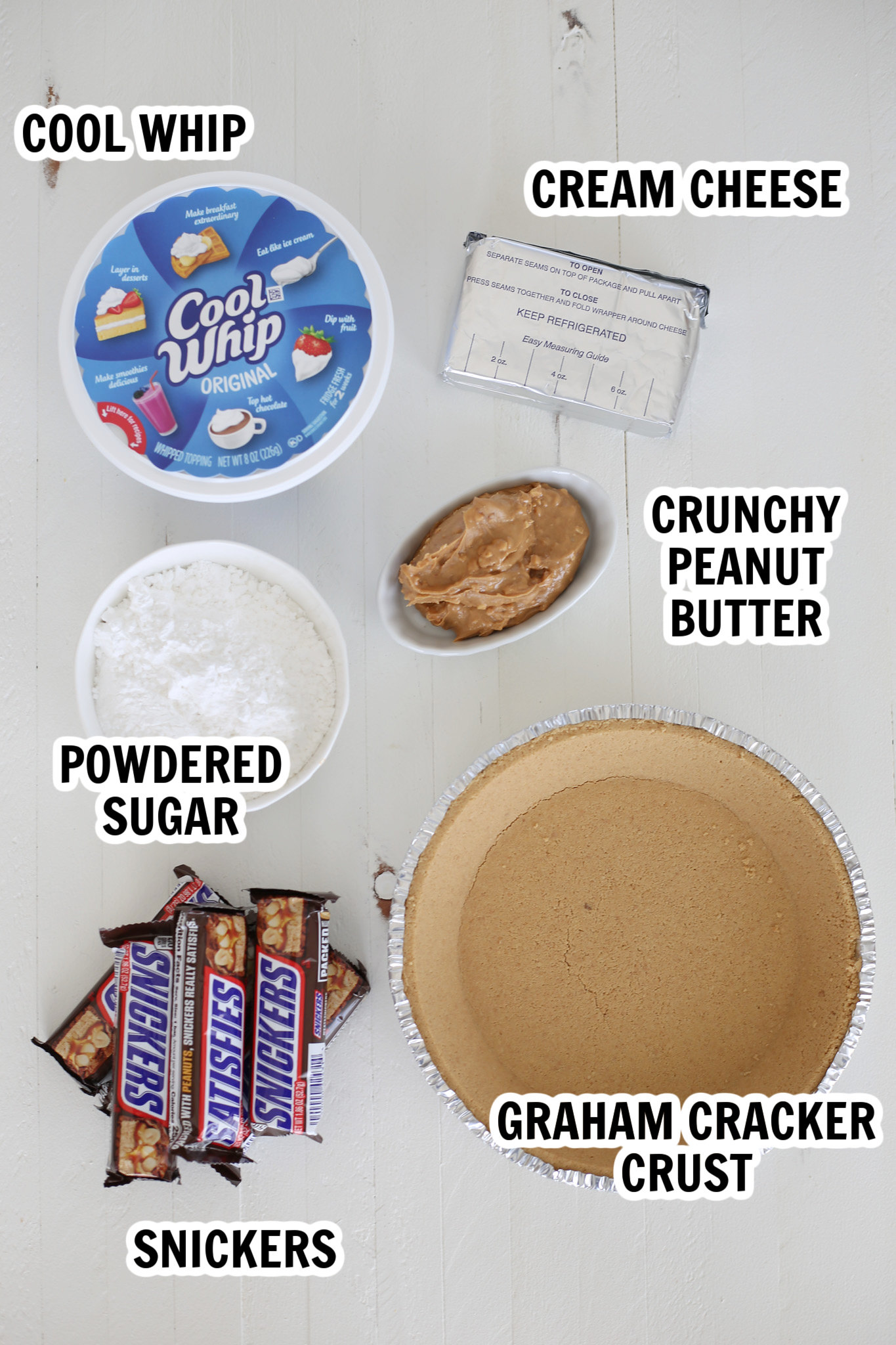 Ingredients for no bake snickers pie