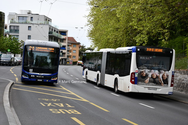 Autobus Mercedes articulé Citaro GC2 n°563 en service sur la ligne 83, et Autobus MAN Lion's City 12E NL367 n°472 en service sur la ligne 24. © Marc Germann