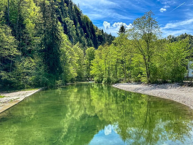 Kieferbach creek with reflections in Kiefersfelden in Bavaria, Germany