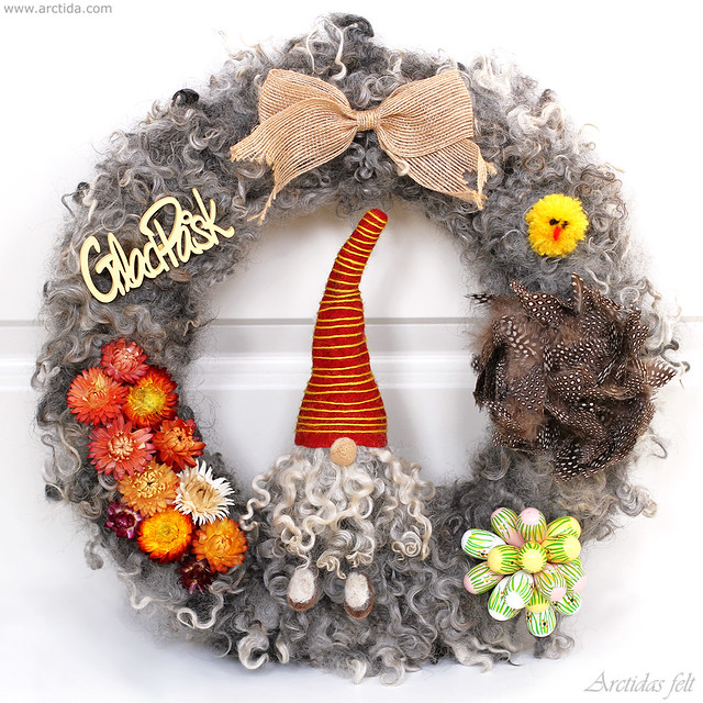 Easter door wreath Scandinavian wool wreath with felted gnome for decor