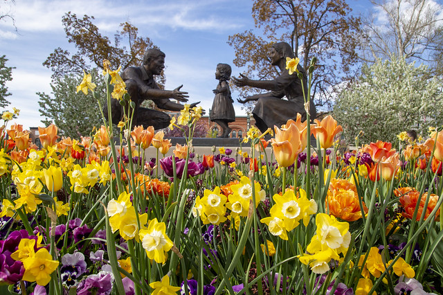 Spring Flowers and Statue