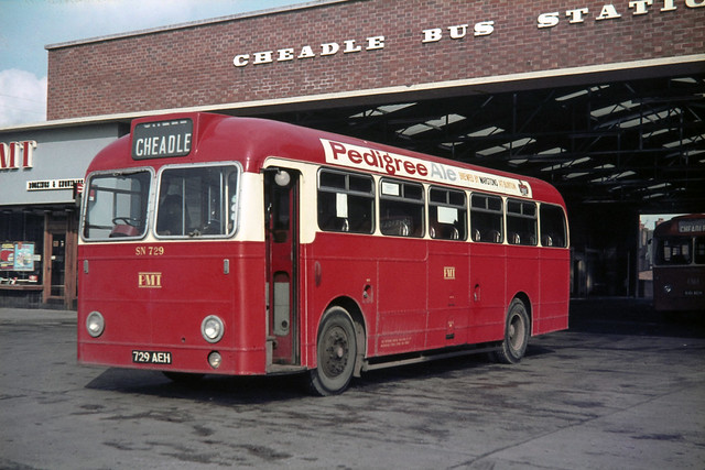 Potteries Motor Traction . SN729 729AEH . Cheadle Bus Station , Staffordshire . Sunday morning 14th-March-1971 .