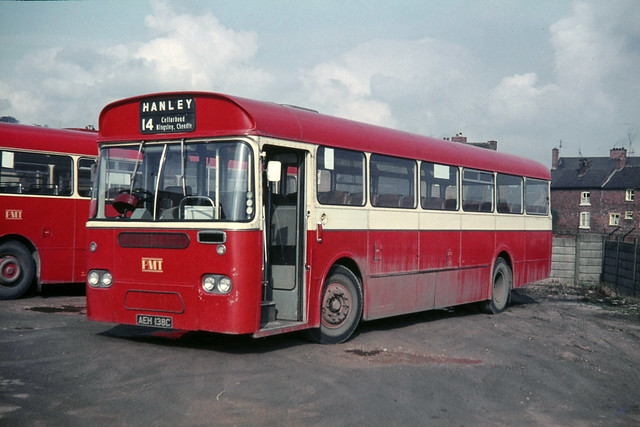 Potteries Motor Traction . SL1038 AEH138C . Cheadle Bus garage , Staffordshire . Sunday morning 14th-March-1971 .