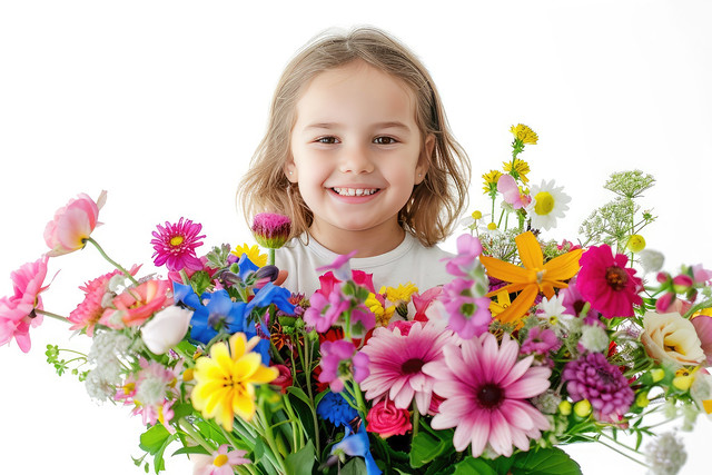 Mädchen mit vielen bunten Blumen