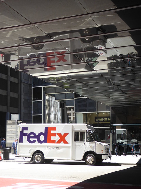 Chicago, Waiting for Bus to Go to Harbor Point, Ogilvie Transportation Center, FedEx Truck and Reflections