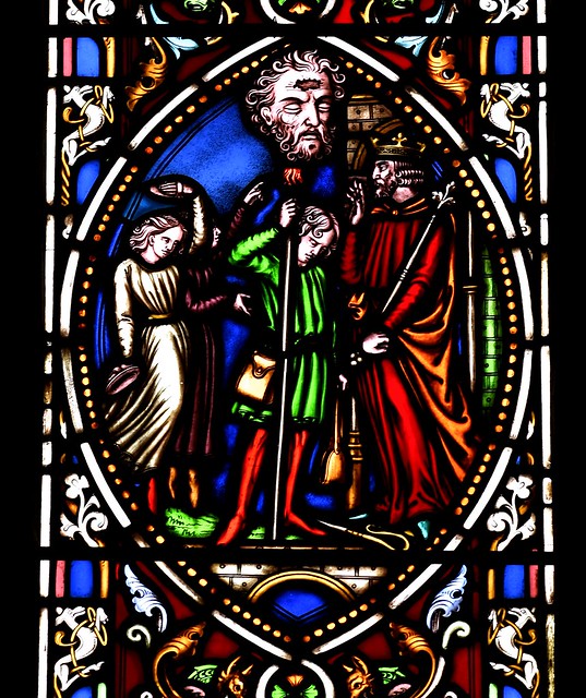 Ashbourne, Derb., St. Oswald's, chancel, stained glass window, {David & Goliath / Warrington}, detail