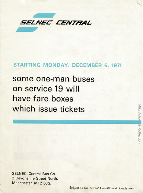 SELNEC Central : fare box buses on service 19 : 6 December 1971 : Selnec Central Bus Co. : Manchester : 1971 : cover