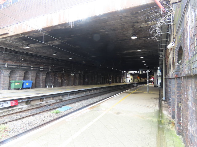 Blue brown brick arches from platform 2B at Birmingham New Street Station