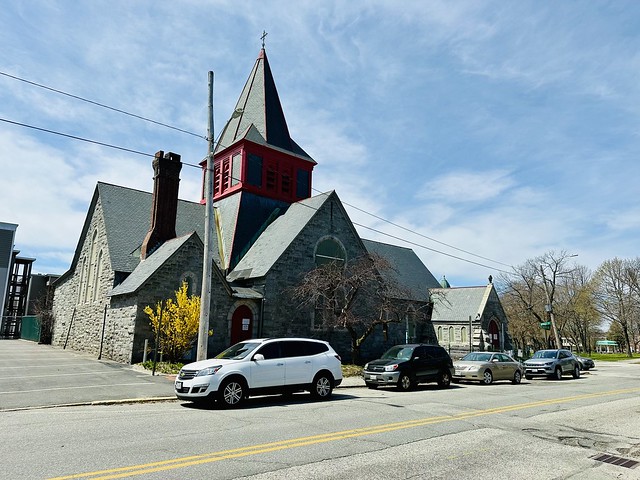 Trinity Episcopal Church. 247 Bates Street. Lewiston, Maine. Built in 1882 using the Gothic Revival Cruciform Style. Added to the National Register of Historic Places in 1978.