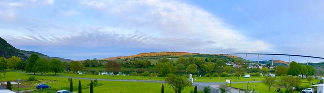 Pano view of sunset glow on the Moselle landscape captured from wine village Uerzig