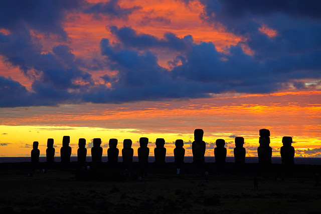 Incredible sunrise sky over Ahu Tongariki, Easter Island