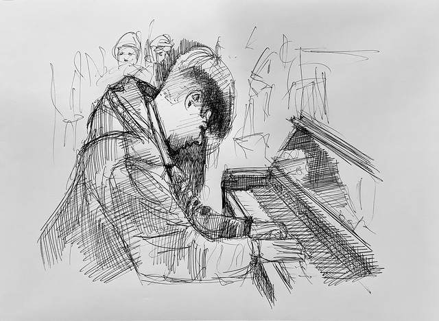 “The Piano 2024.“,  pin sketch of first player in Ballpoint pen, by jmsw on sketch book paper.