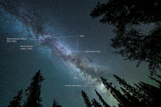 Summer Triangle from Preachers Point South, David Thompson Country, Alberta, labelled