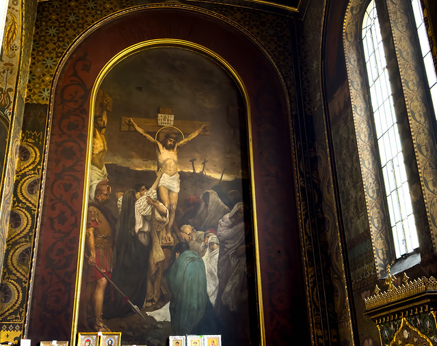 April 29, 2024. The 796th day of war in Ukraine. The fresco of the plot “Crucifixion” by artist Pavel Svedomsky in collaboration with Wilhelm Kotarbinsky. The western compartment of the northern nave. St. Vladimir's Cathedral. Kyiv.