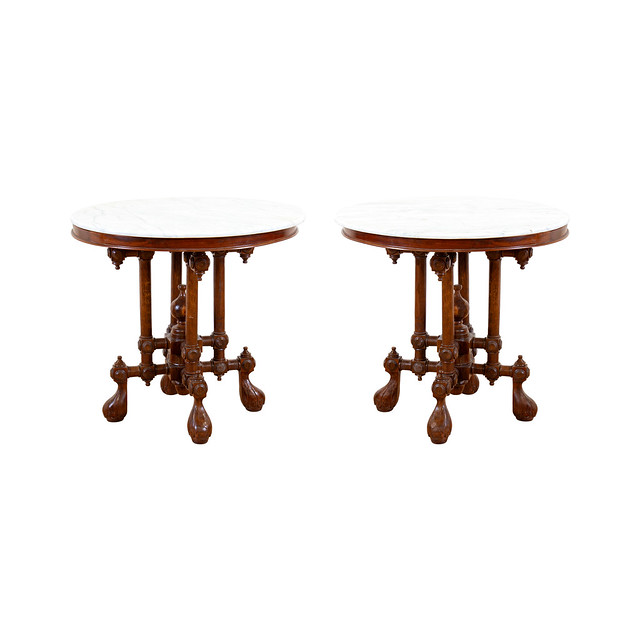 Pair of Marble-Topped Round Tables