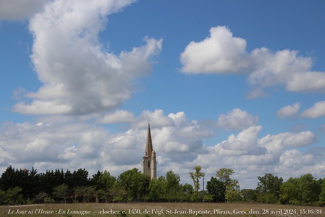 Le Jour ni l’Heure 5480 : En Lomagne — clocher, c. 1450, de l’église Saint-Jean-Baptiste de Plieux, Gers, Gascogne, dimanche 28 avril 2024, 15:16:39
