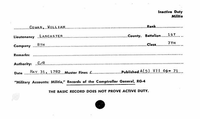 William Cowan Potential Revolutionary War Military Record