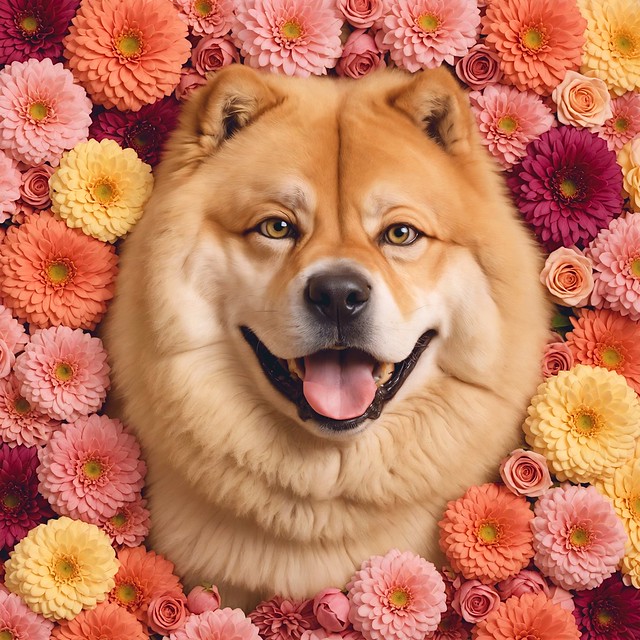 Cute Chowchow Dog With Flowers