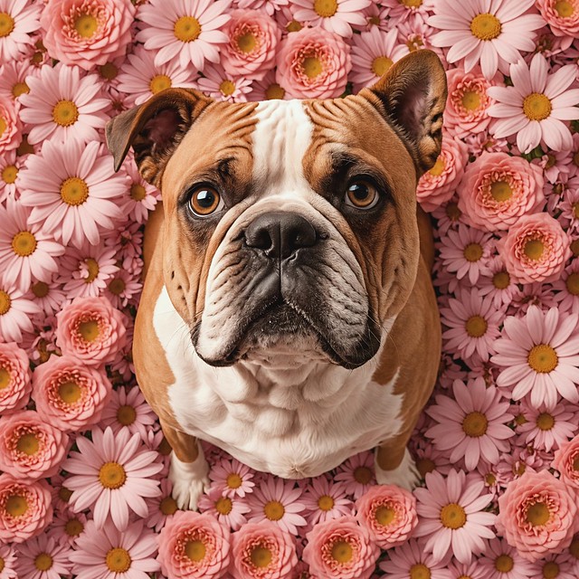 Cute Bull Dog With Flowers