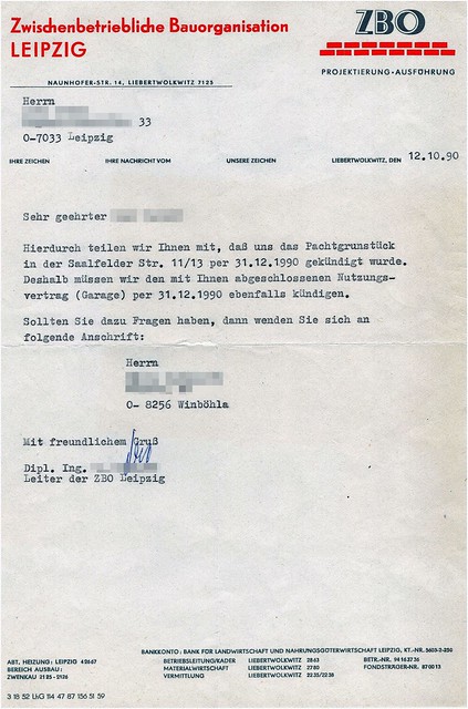 Dokument von 1990: Kündigung Pachtvertrag über eine Garage wegen Eigentümerwechsel des Grundstücks.