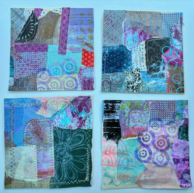 Day 73-74/100 I cut part of the #masterboard The newsprint substrate is flimsy, so I stitched some 4x4 pieces of the collage to an old file folder. Then, I added more stitching. @gypsy999  definitely inspired the stitching! The 4th piece in the pic doesn’