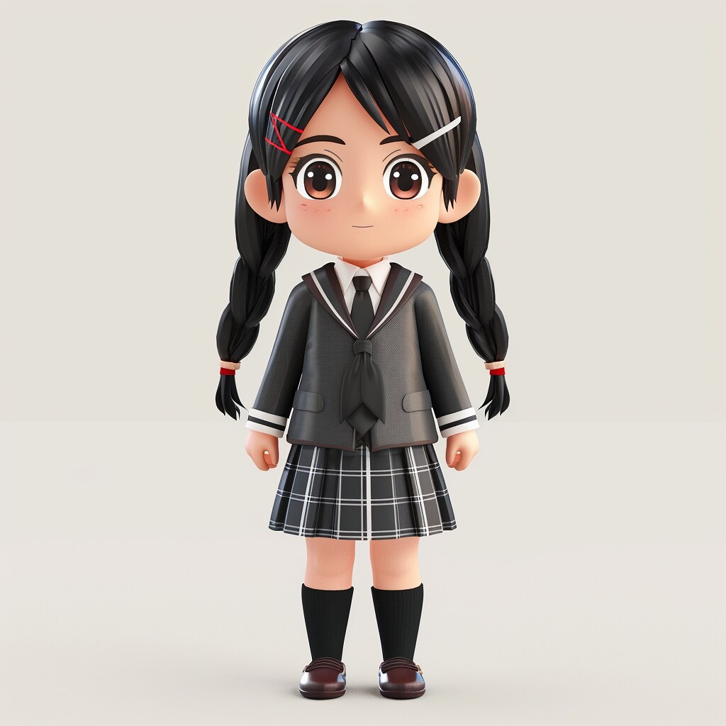 Japanese high school girl in uniform, a designer , 3D illustration, chibi,smart, technology, straight front view