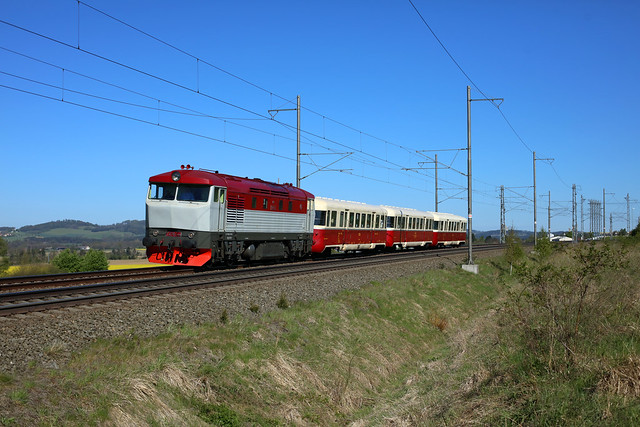 ČD T478.1236 (Posázavský Pacifik) hauls special passenger train Sp 10700 (Benešov u Prahy - Bechyně) at Chotoviny (CZ).