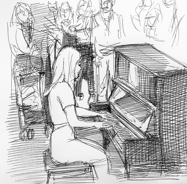 Player on the show, “The Piano 2024.”  Ballpoint Pen pin sketch by jmsw on sketch book paper.