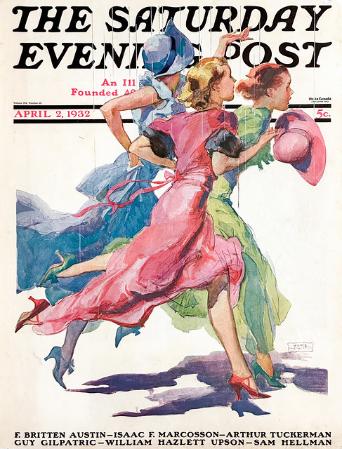 “Three Women Running from Rain” by John LaGatta on the cover of “The Saturday Evening Post,” April 2, 1932.