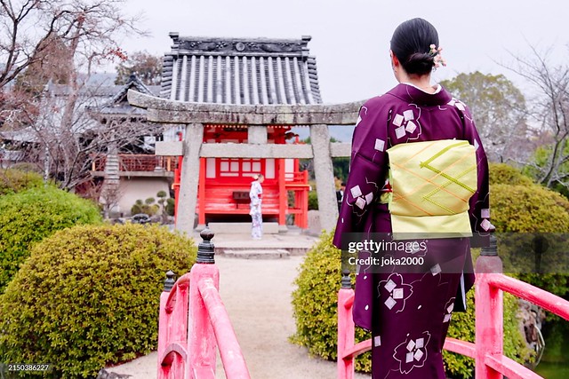 Beautiful young lady with Kimono visiting shrine
