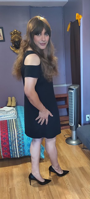 Borrowing my wife's slip dress with the cold shoulder cutouts.  Is it pretty?