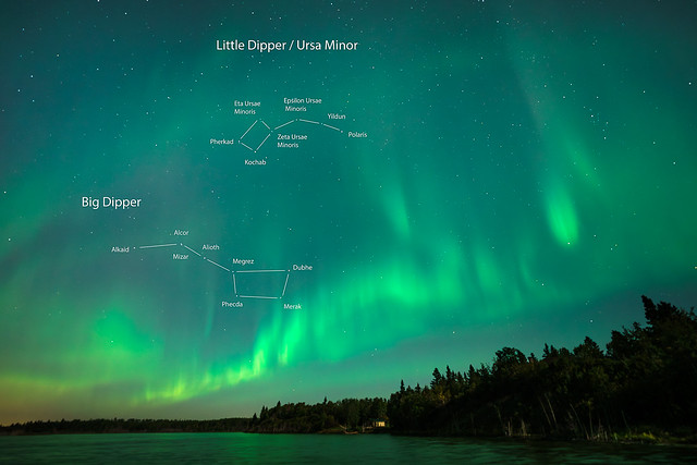 The Big & Little Dipper and Aurora Borealis, 2023-09-02, 12:17:33am. Astotin Lake, Elk Island National Park, Alberta