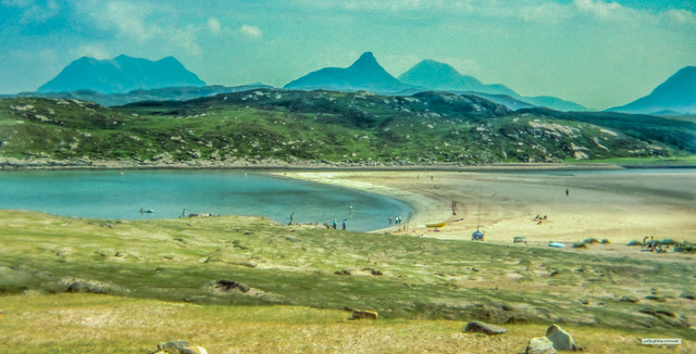 Assynt and Coigach mountains of Cul Mor, Stac Pollaidh, Cul Beag and Sgorr Tuath from west of Achnahaird Beach, Wester Ross / Sutherland, Scotland.