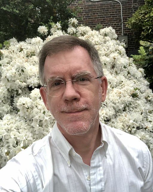 Paul with white azalea blooming, 36th Street NW, Burleith, Washington, D.C.