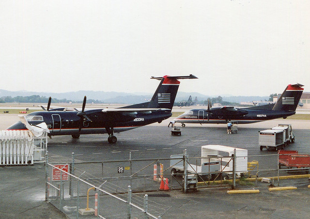 US Airways Express (Piedmont Airlines), Bombardier Dash 8-102, N933HA, at Yeager Airport, Kanawha Regional, CRW, Charleston, West Virginia, USA. 1998-2000