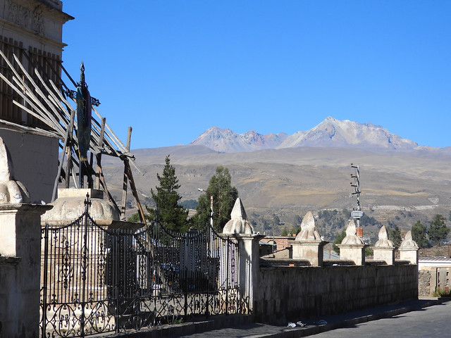 Sabancaya volcano seen from Immaculate Conception Church, Yanque, Colca Valley, Arequipa, Peru
