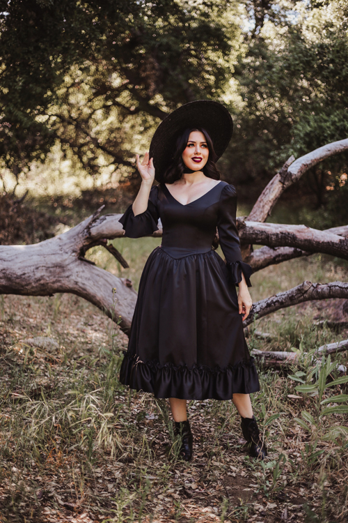 La Femme En Noir Dark Romance Satin Bustle Dress in Black Southern California Belle