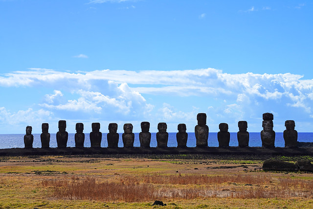 15 moai of Ahu Tongariki guarding the ocean coast, Easter Island