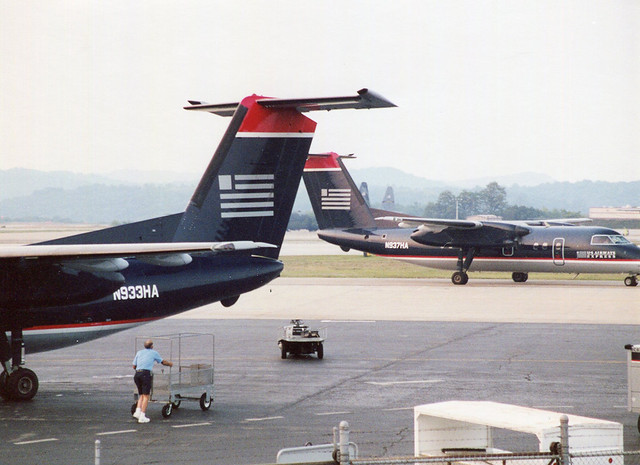 US Airways Express (Piedmont Airlines), Bombardier Dash 8-102, N933HA and N937HA, at Yeager Airport, Kanawha Regional, CRW, Charleston, West Virginia, USA. 1998-2000