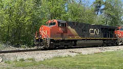 5/1/24 14:00 77 degrees at CN MP 202 Charlotte as CN 2960 and CN 2685 power slow rolling Train 399 over the curve. Full 4:34 video: