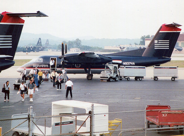 US Airways Express (Piedmont Airlines), Bombardier Dash 8-102, N937HA, at Yeager Airport, Kanawha Regional, CRW, Charleston, West Virginia, USA. 1998-2000