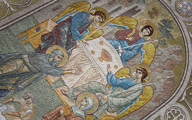Saint Vladimir Church. Mosaic: Appearance of the Holy Trinity in the form of Angels to Abraham and Sarah under the Oak of Mamre. Russia, Moscow, Pokrovskoye-Streshnevo, Volokolamskoye highway. Православнаѧ Црковь.
