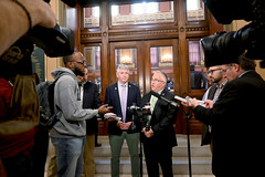 State Reps. Vincent Candelora and Pat Callahan talk to the news media about controversial environment legislation from Democrats.