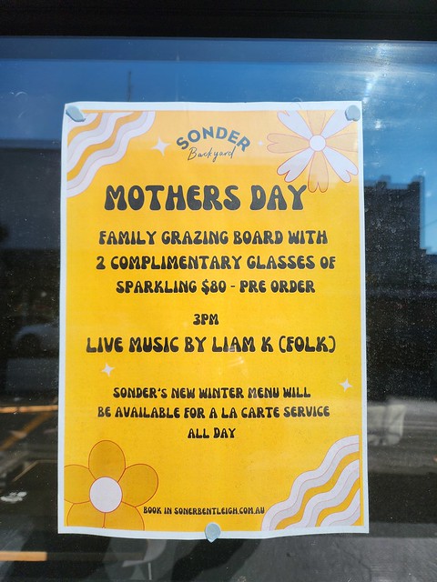 Sonder Backyard Mother's Day Grazing Board with 2 glasses of sparkling wine AUD80, live music at 3pm