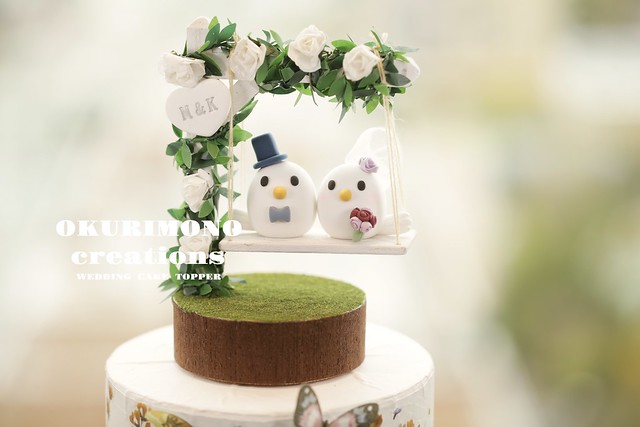 Love birds bride and groom with wooden miniatures garden flowers swing Wedding Cake Topper, pets wedding cake decoration ideas