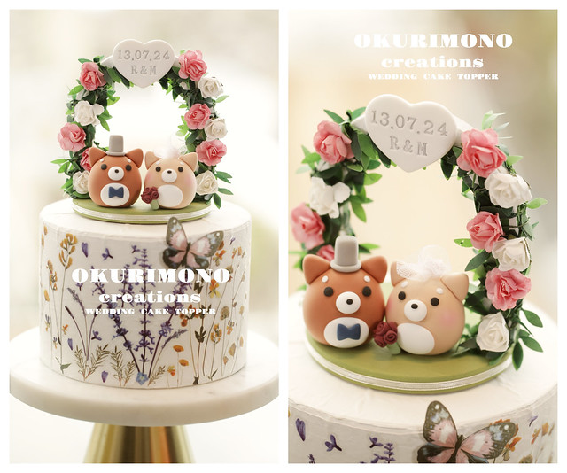 Handmade Shiba Inu bride and groom with flowers arch wedding cake decoration ideas