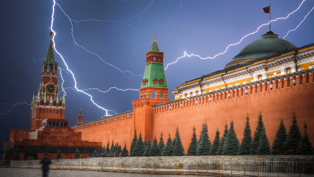 A photo of a lightning bolt over the Kremlin in Moscow