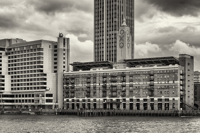 London, Southwark waterfront. OXO Tower and warehouse.